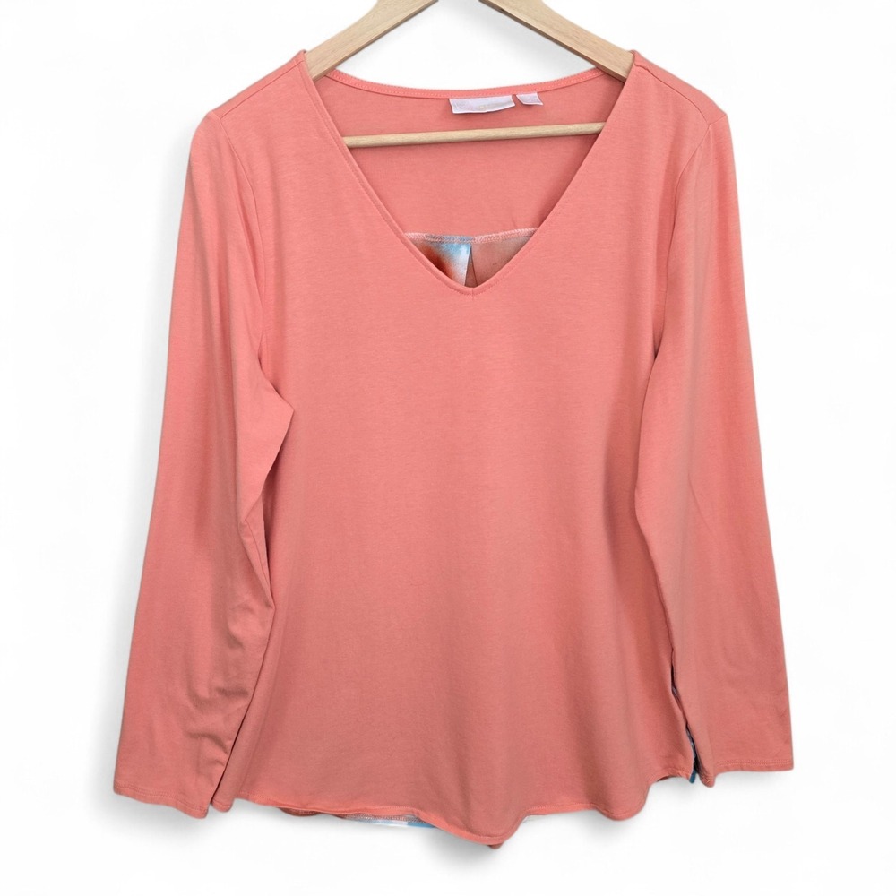 Belle by Kim Gravel Womens Medium Coral V Neck Top Knit Contrast Back Panel